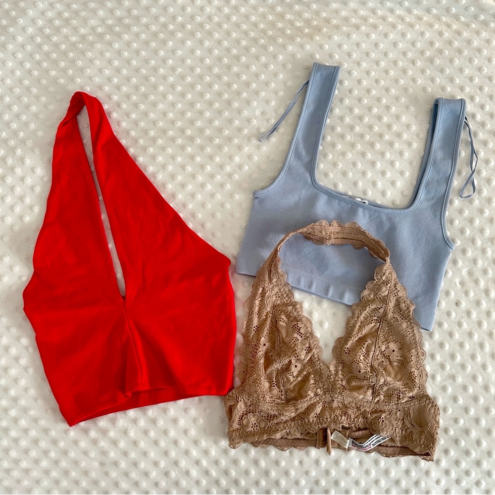 Red Halter Crop Top with Blue Tank and Beige Lace Bralette Bundle Set